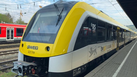 Symbolbild: Ein Zug der SWEG steht am Bahngleis. In den Pfingstferien fallen in den Kreien Tübingen, Zollernalb und Sigmaringen einige Züge aus.