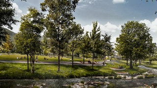 Eine Animation der Kurparkwiese Bad Urach: Die Ufer der Erms sind abgeflacht und am Ufer befinden sich terassenförmige Sitzgelegenheiten