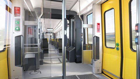 Weiße Wände, gelbe Türen und viel Glas: Der Innenraum der geplanten Stadtbahnen in Reutlingen. Die Regional-Stadtbahn Neckar-Alb wackelt, weil den Kommunen das Geld ausgeht.