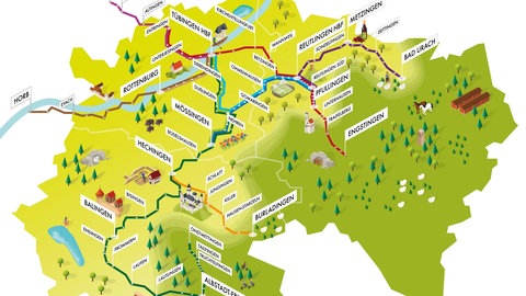 Eine Panoramakarte zeigt das geplante Streckennetz der Regional-Stadtbahn Neckar-Alb. Es erstreckt sich von Tübingen bis Engstingen (Kreis Reutlingen), Albstadt (Zollernalbkreis) und Horb (Kreis Freudenstadt).
