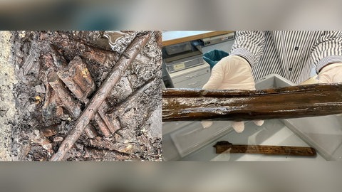 Vergleichsbild: Holzfunde in ursprünglichem Fundzustand und gereinigt im Labor. Womit sie es dabei zu tun haben, wissen die Archäologen noch nicht.