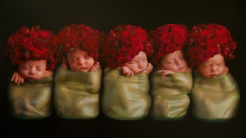 Ein Foto von Anne Geddes mit fünf Babys, die Mützen aus Rosen tragen