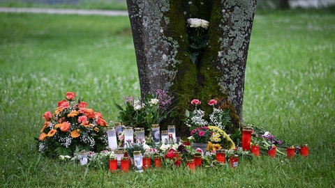 Kerzen und Blumen wurden an einem Baum in der Nähe der Hochbrücke über das Neckartal bei Horb gestellt. Ende Mai kamen drei Bauarbeitern beim Absturz einer Arbeitsgondel ums Leben. 