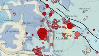 Symbolbild: Zu sehen ist eine geologische Karte, die die Aktivität von Erdbeben im Zollernalbkreis anzeigt. In Hechingen hat es in der Nacht auf Dienstag leichte Erdbeben gegeben.