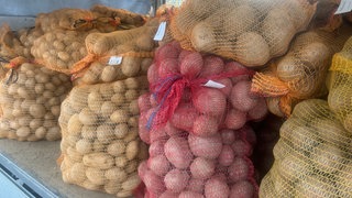 Verschiedene Kartoffelsorten liegen in Säcken auf einem Anhänger. In Reutlingen war am Wochenende der historische Kartoffelmarkt.