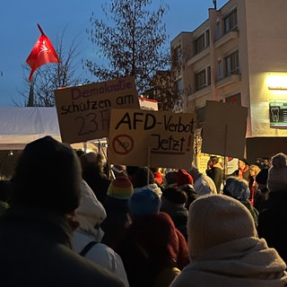 Zu sehen ist eine Gruppe, die gegen die AfD demonstriert. Das Bild stammt von einer Kundgebung im Februar in Hechingen.