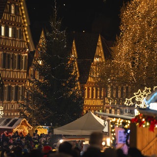 Weihnachtsmarkt mit beleuchteten Fachwerkhäusern und Menschenmenge 