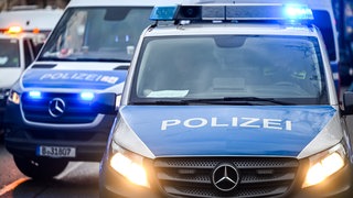 Zwei Polizeiwägen mit Blaulicht. Die A81 bei Geisingen in Richtung Singen ist am Mittag für mehrere Stunden gesperrt. Ein Lkw ist am Morgen aus bislang unbekannten Gründen von der Fahrbahn abgekommen und muss geborgen werden