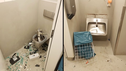 Eine komplett zerstörte öffentliche Toilette in Freudenstadt: Das Waschbecken ist heruntergerissen, der Spiegel zerbrochen, der Mülleimer kaputt. Die Toilette wurde saniert.