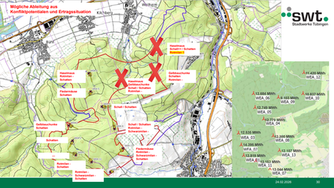 Auf einer Karte ist der Rammert dargestellt, darauf sind Standorte für mögliche Windkraftanlagen eingezeichnet. Drei Kreuze markieren die Windräder, die aus den Plänen gestrichen worden sind.
