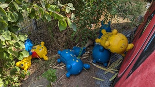 Hüpfpferde liegen im Garten