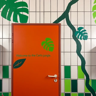 Grüne Blätter und der Schriftzug "Welcome to the Carlo jungle" zieren eine Toilettenwand. Schüler des Carlo-Schmid-Gymnasiums in Tübingen übernehmen die Gestaltung ihrer Schultioletten selbst.