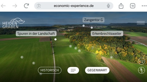 Virtueller Panoramablick vom Heidengrabenturm, mit Markern in der Landschaft wie z.B. Erkenbrechtsweiler