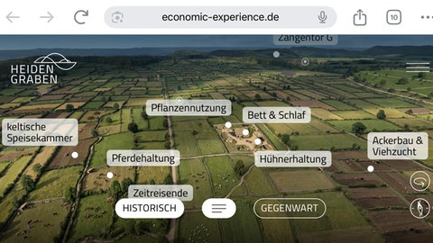 Virtueller Panoramablick vom Heidengrabenturm, mit Markern in der Landschaft wie z.B. "keltische Speisekammer"
