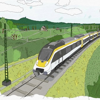 Ein gelb-weißer Zug auf einer Zeichnung zeigt, wie die Züge aussehen, die auf der elektrifizierten Zollernalbbahn fahren sollen.