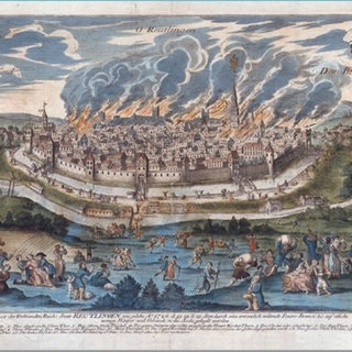 Flammen und Rauch liegen über der von einer Mauer umschlossenen Reichsstadt Reutlingen. Ein Kupferstich von Gabriel Bodenehr d. Ä. aus dem Jahr 1727 erinnert an den Stadtbrand.