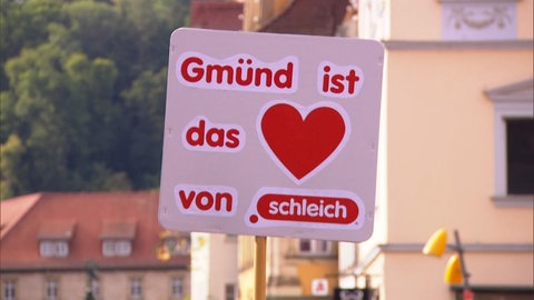 "Gmünd ist das Herz von Schleich", steht auf einem Plakat bei dem Protest gegen den geplanten Wegzug von Schleich in Gmünd.