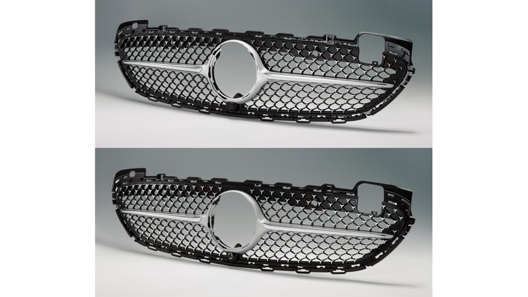 Oben der originale Kühlergrill von Mercedes-Benz. Unten das täuschend ähnliche Plagiat. Dieser Fall wurde ebenfalls mit dem Plagiarius Negativpreis ausgezeichnet. 