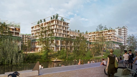 Eine Darstellung eines großen Wohnkomplexes mit viel Grün: So soll das zukünftige Wohnquartier einmal aussehen. Das Blautalcenter wird umgewandelt