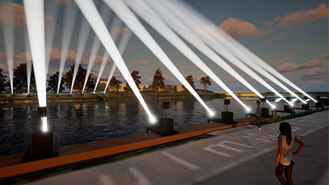 So sollen die Sound Bridges die beiden Donauufer auch visuell verbinden. Scheinwerfer leuchten in den Himmel und bilden eine Art Leuchtspalier.