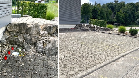 Auf diesem Parkplatz an einer Sportgaststätte geschah der tragische Unfall. Die Bestürzung in Altheim ist nach wie vor groß. An einer Ecke des Platzes (hinten rechts) haben Menschen Blumen niedergelegt und Kerzen aufgestellt (Detailbild). 