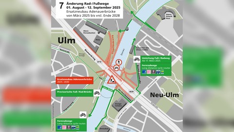 Eine Karte mit Angaben der Umleitungen: Der Donauradweg in Ulm bleibt für Radfahrer und auch Fußgänger weiterhin gesperrt.