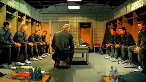 Eine Graphic Novel Zeichnung von Oli Monn. Sie zeigt einen Teil der deutschen Nationalmannschaft in der Kabine im Stade de France, nachdem sie von den Terroranschlägen in Paris und vor dem Stadion 2015 erfahren haben. In der Kabine war auch Wolfgang Bunz aus Ulm dabei. 