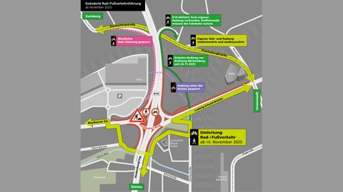 Für Fuß- und Radverkehr gibt es neue Umleitungen am Blauberer Ring. Nicht alle Radwege können auch in beide Richtungen befahren werden: Der Weg von Süden nach Norden über die Wallstraßenbrücke ist eine Einbahnstraße.