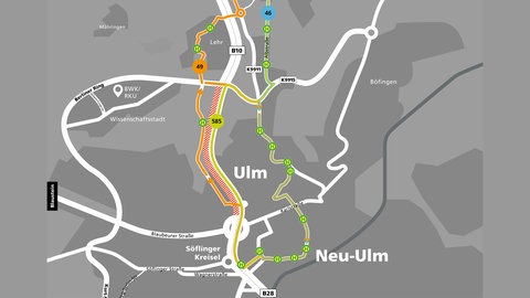 Die Buslinien 46, 49 und 585 werden wegen der Baustelle an B10 und Blaubeurer Ring in den kommenden vier Jahren umgeleitet.
