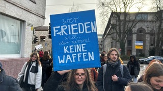 Eine Schülerin hält ein blaues Plakat mit der Aufschrift "Wer Frieden will, nimmt keine Waffen" in die Luft. Junge Leute demonstrieren in ganz BW gegen die Wehrdienstpläne der Bundesregierung. Aufgerufen hatte das junge Bündnis "Schulstreik gegen Wehrpflicht". (Archivbild)