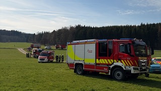Mehrere Feuerwehrwagen und Einsatzkräfte stehen bei der Rettung des abgestürzten Mädchens auf einer Wiese 