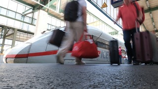 Reisende auf einem Bahnsteig im Hauptbahnhof zu einem ICE Zug der Deutschen Bahn. Ein Mann soll dort den Koffer einer Reisenden gestohlen haben. Durch einen Tracker flog er auf. (Symbolbild)