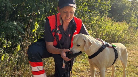 Ausreichend Wasser und regelmäßige Trinkpausen sind für Rettungshunde bei Hitze besonders wichtig, so auch für das Gmünder Malteser Rettungshundeteam Brigitte Weller mit Cira.