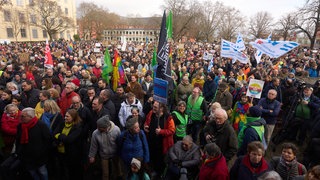 Auf einer Demonstration in Mainz machen Menschen von ihrer Meinungsfreiheit Gebrauch. 