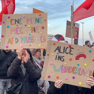 Zahlreiche Menschen demonstrieren in Kusel vor der Halle gegen die AfD und den Wahlkampfauftritt der Kanzlerkandidatin Alice Weidel.