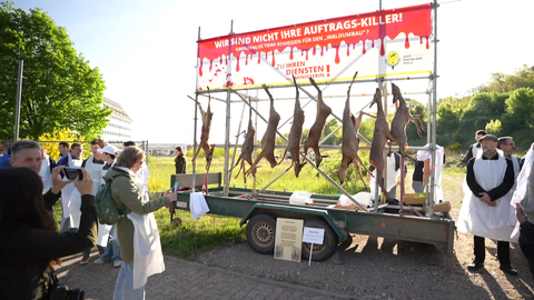 Mit Plakaten und Reh-Kadavern protestieren Jäger gegen das geplante neue Jagdrecht.