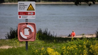 Ein Mann sitzt am Rheinufer, im Vordergrund ein Schild, dass vor Schwimmen im Rhein warnt.