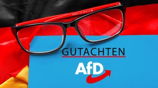 Brille auf einem AfD-Gutachten und einer Deutschlandflagge als Symbol für die politische Bewertung der Partei. 