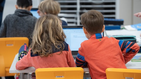 Schüler einer dritten Klasse sitzen vor einem Laptop. Laut einer Umfrage des VBE ist die Inklusion an Schulen in RLP in vielen Bereichen mangelhaft.