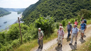 Rheinland-Pfalz: Eine Gruppe Menschen wandert an der Rheingoldschleife.