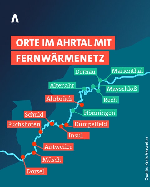 Karte mit den Orten im Ahrtal, die ein Fernwärmenetz haben. Es handelt sich um Rech, Dernau (und das eingemeindete Marienthal), Mayschoß, Altenahr und Hönningen