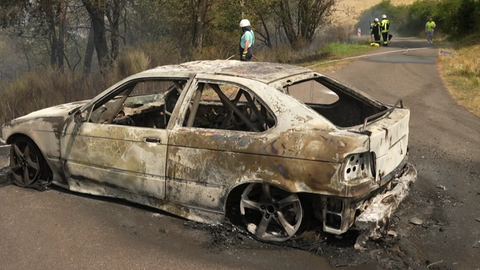 Das ausgebrannte Auto auf einem Weg bei Reichenbach im Hunsrück