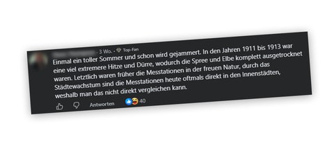 Kommentar unter einem Beitrag von SWR Aktuell auf Facebook mit der Behauptung, dass Messdaten von früher nicht mit denen von heute vergleichbar sind.