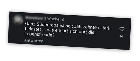 Kommentar unter einem Beitrag von SWR Aktuell auf Instagram mit der Behauptung, dass andere Länder auch mit der Hitze klar kommen.