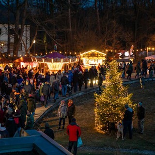Funkelnde Lichterketten, Weihnachtsbäume und Stände bei der Romantischen Waldweihnacht Johanniskreuz