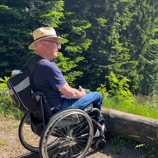 Rollstuhlfahrer Mitsch Schreiner hat barrierefreie Angebote in der Südwestpfalz getestet. Hier genießt er die "schöne Aussicht" bei Dahn. 