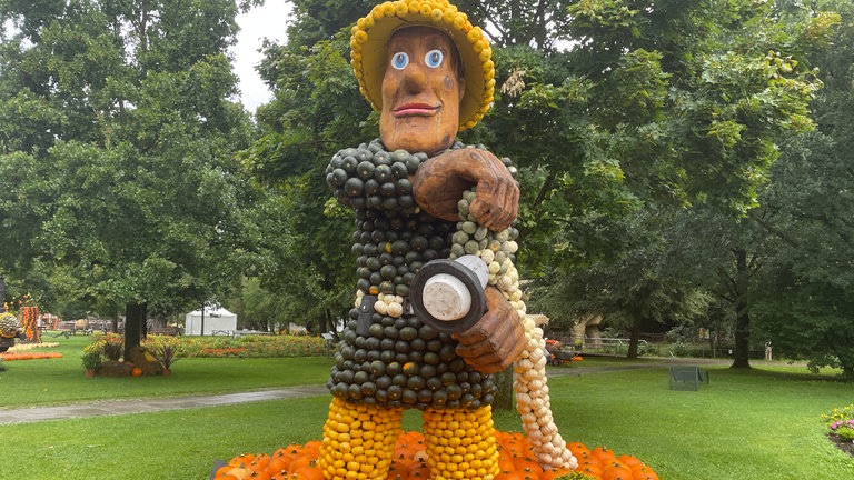 Rund 40.000 bunte Kürbisse sind für die Ausstellung in der Gartenschau in Kaiserslautern verarbeitet worden. 