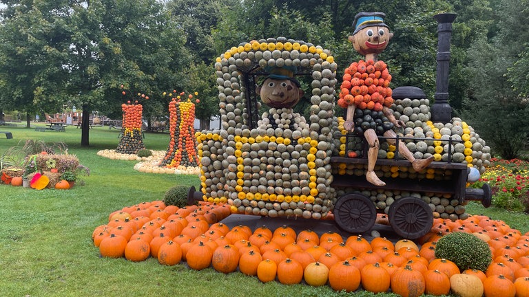 Rund 40.000 bunte Kürbisse sind für die Ausstellung in der Gartenschau in Kaiserslautern verarbeitet worden. 