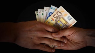 Zwei Hände halten ein Bündel Geld in der Hand. 