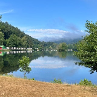 Mitten im Pfälzerwald: der Clausensee mit Campingplatz bei Waldfischbach-Burgalben. 